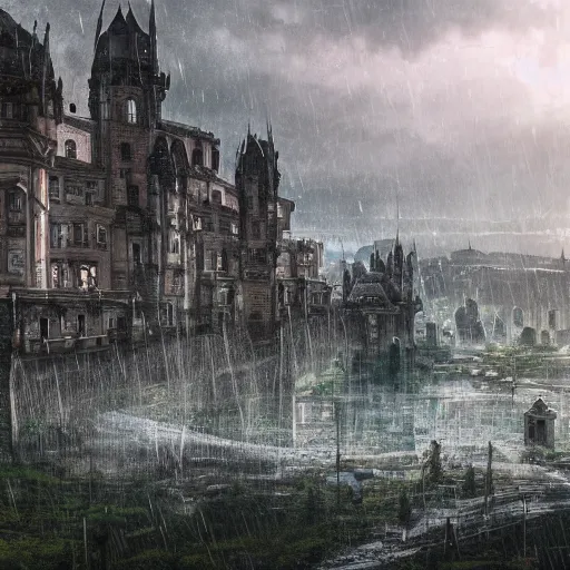 Image similar to a humongous city abandoned on the medieval highlands biome, digital art, wet reflections, intricate details, fantasy, hyper realism, humongous view, rtx, smooth, cinematic