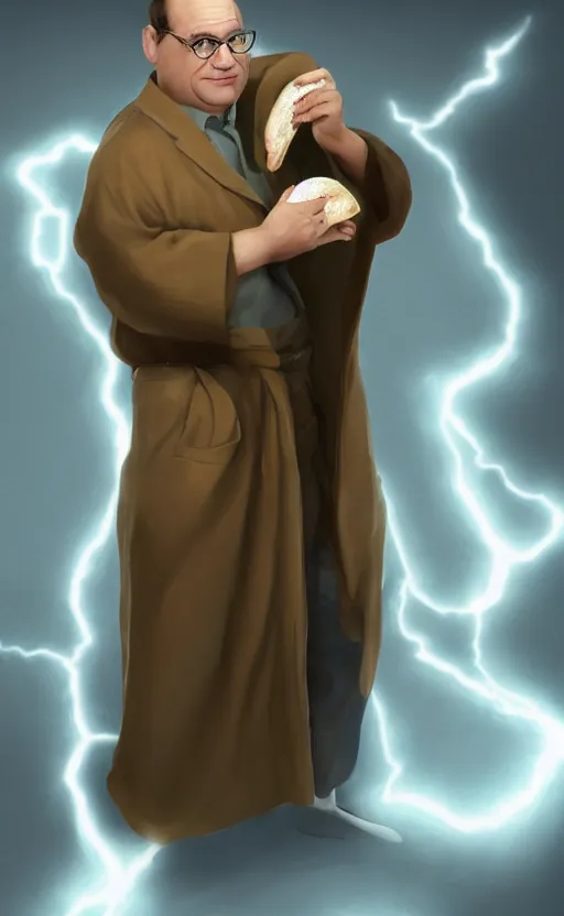 Image similar to george costanza holding a hoagie. he's wearing a flowing bathrobe made of light, airy fabric and he has a mischievous look on his face, dynamic lighting, photorealistic fantasy concept art, trending on art station, stunning visuals, creative, cinematic, ultra detailed