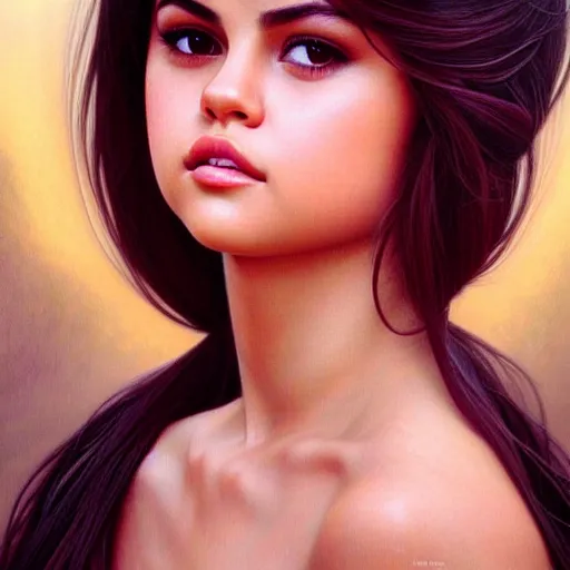 Image similar to beautiful portrait of selena gomez, natural beauty expressive pose, fantasy, intricate, elegant, highly detailed, digital painting, artstation, concept art, smooth, sharp focus, illustration, art by artgerm and greg rutkowski and alphonse mucha