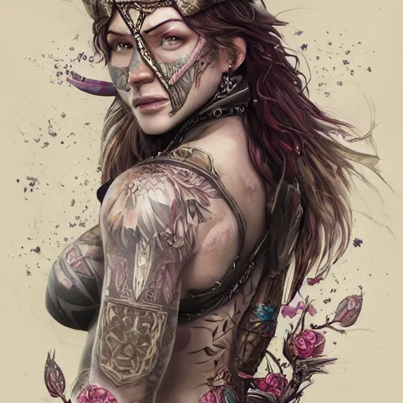 Prompt: Rebeca Ferguson as a female warrior, body covered in floral tattoos, D&D, fantasy, highly detailed, digital art, trending on artstation, smooth, sharp focus, illustration, art by Peter Tang and artgem