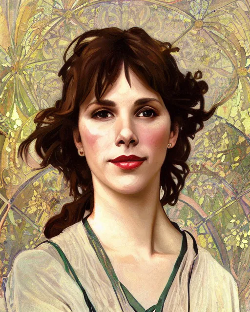 Prompt: a portrait painting of sabrina lloyd / perdita weeks / nicole de boer hybrid oil painting, gentle expression, smiling, elegant clothing, scenic background, behance hd by alphonse mucha