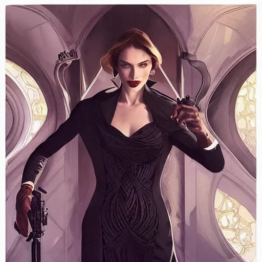 Image similar to “ daria strokous as james bond villainess with evil grin, intricate, elegant, highly detailed, digital painting, artstation, concept art, smooth, sharp focus, illustration, art by artgerm and greg rutkowski and alphonse mucha ”