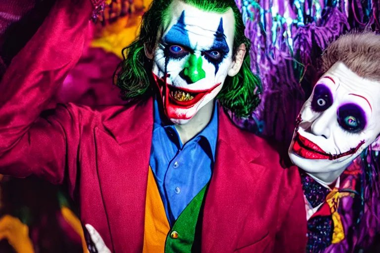 Image similar to 35mm color, illegal rave, portrait of Joker, fashion shoot, freak show, hyperdetailed, photorealistic, interesting, by David la chapelle and les edwards and david cronenberg and WETA digital, ID magazine, octane rendering, cinematic, hyperrealism, octane rendering, 8k, depth of field, bokeh.