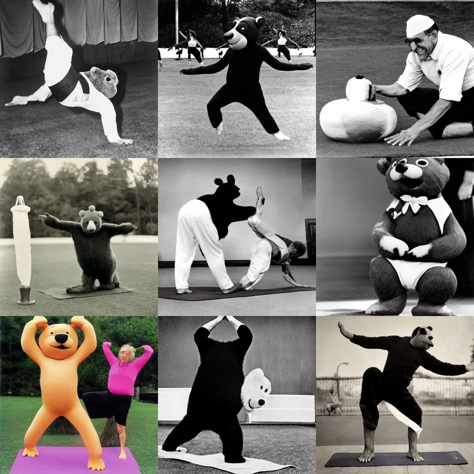 Prompt: yogi bear doing yoga with yogi berra