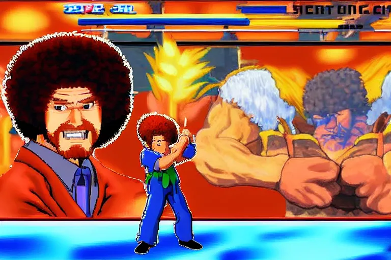 Image similar to bob ross as a character in street fighter arcade game