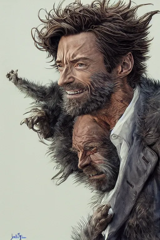 Image similar to hugh jackman as the wolfman, jean baptiste monge, alan lee, dan mumford, alex horley, cedric pavravernay, jc leyendecker, james jean, realistic painting, highly detailed