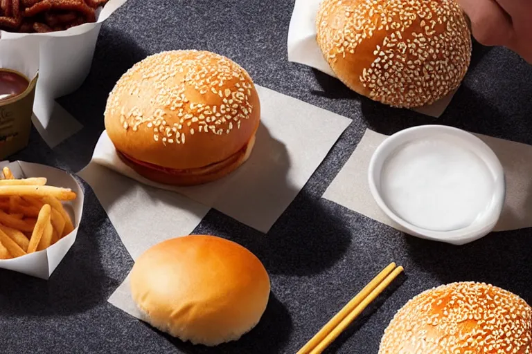 Prompt: mcdonalds salt between two sesame seed buns, commercial photograph