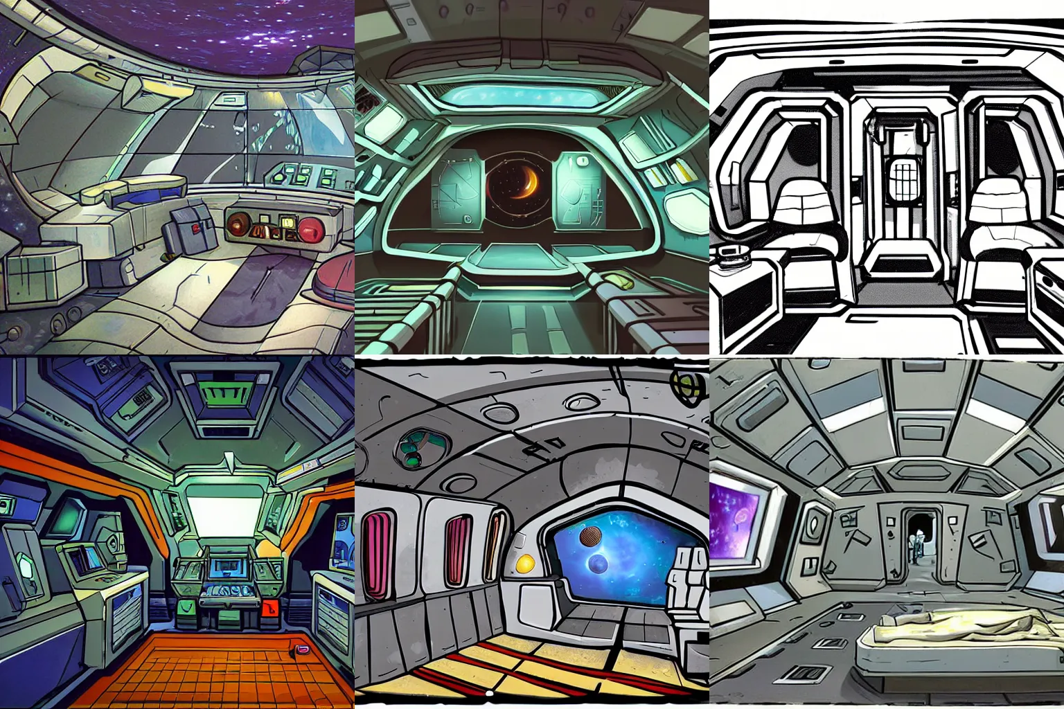 Prompt: Concept art of inside a spaceship, from a space themed Serria point and click 2D graphic adventure game, made in 1999, high quality graphics