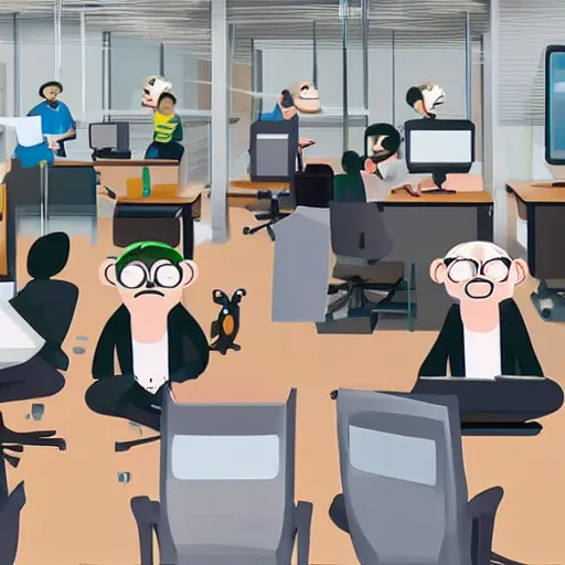 Image similar to 2 5 monkeys using computers, in a well lit office, happy monkey faces, modern paintings on the walls