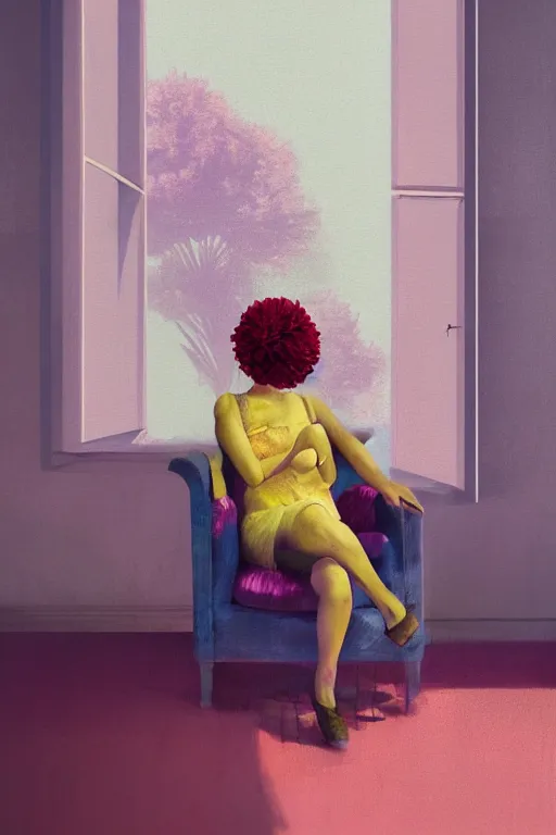 Prompt: closeup, huge flower head, woman sitting on comfy lounge chair by a tall window, surreal photography, studio light, impressionist painting, digital painting, artstation, simon stalenhag