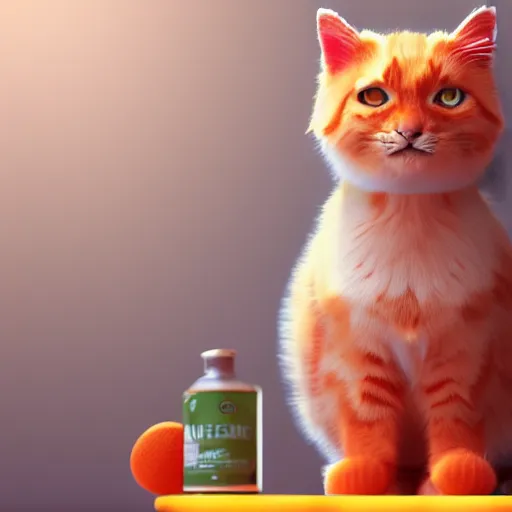 Prompt: a fluffy orange cat standing next to a bottle of medicine. animal. digital art. artstation. illustration. octane render.