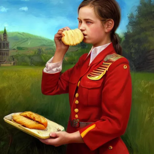 Prompt: high detail portrait oil painting illustration of beatiful girl as soviet red army soldier eating hot baked bun by justin sweet with face and body clearly visible, in a scenic background, pupils visible, realistic proportions, d & d, rpg, forgotten realms, artstation trending, high quality, sombre mood, artstation trending, muted colours, entire person visible!