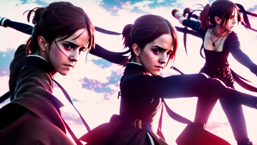 Image similar to a very detailed key visual of emma watson in demon slayer, action lines, ufotable, greg rutkowski, high resolution, dynamic pose, landscape, medium portrait, samurai outfit, action, hyper realistic, anime, koyoharu gotouge, sakuga