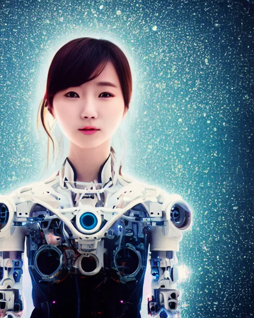 Image similar to beautiful centered photo of korean girl as a solarpunk cyborg with white mechanical parts and implanted bright halogen lamps, treading above calm water, ultra - realistic and detailed, sun lit, white background, bokeh, soft focus, slow exposure hdr 8 k