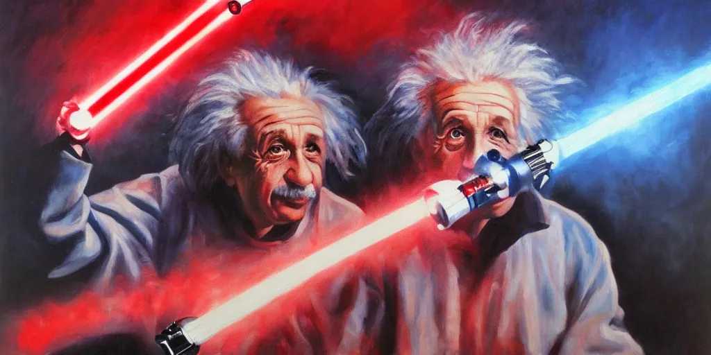 Image similar to Albert Einstein fighting with a red lightsaber, striking lighting, oil painting