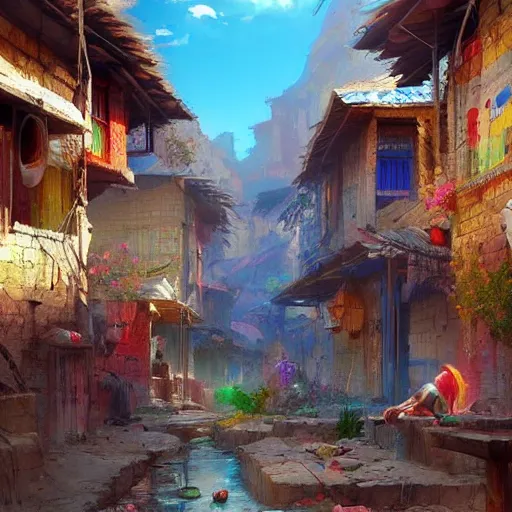 Prompt: colorful Kurdish village, anime, a fantasy digital painting by Greg Rutkowski and James Gurney, trending on Artstation, highly detailed