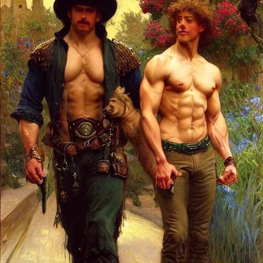 Image similar to attractive muscular arthur pendragon and muscular attractive merlin go to a pub together to have some drinks. highly detailed painting by gaston bussiere, craig mullins, j. c. leyendecker, alphonse mucha 8 k