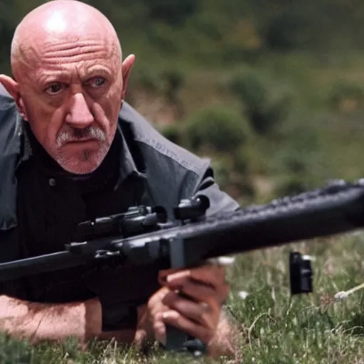 Prompt: Film Still of Mike Ehrmantraut aiming a sniper rifle in a new Breaking bad movie, 8k, highly detailed, centered