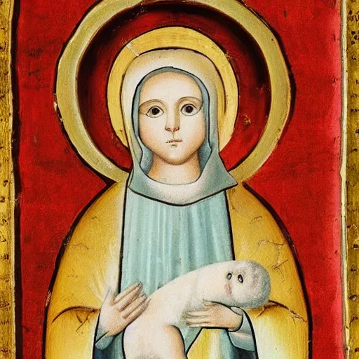 Image similar to a baby harp seal saint, wearing ornate robes, Byzantine painting