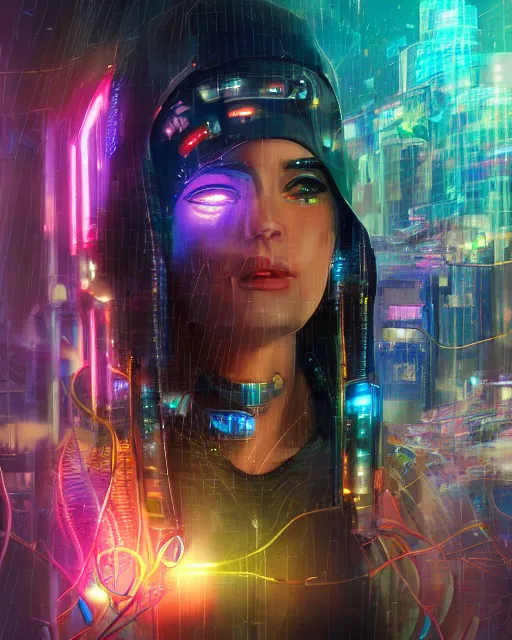 Prompt: a cyberpunk close up portrait of enchanting cyborg cleopatra, electricity, rainbow, sparks, bokeh, soft focus, sparkling, glisten, water drops, cold, dark, geometric, temples behind her, by paul lehr, jesper ejsing