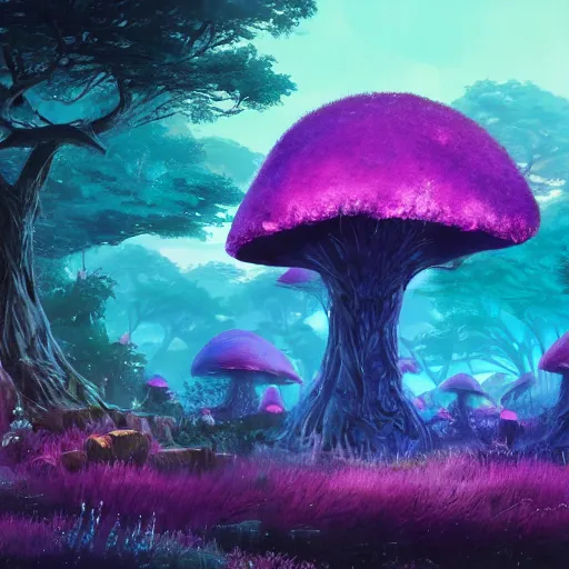 Image similar to concept art painting of a fantasy alien fungal landscape at night, magenta trees, glowing blue mushrooms, village of houses made of mushrooms, dark purple sky, realistic, detailed, cel shaded, in the style of makoto shinkai and greg rutkowski and albert bierstadt and james gurney