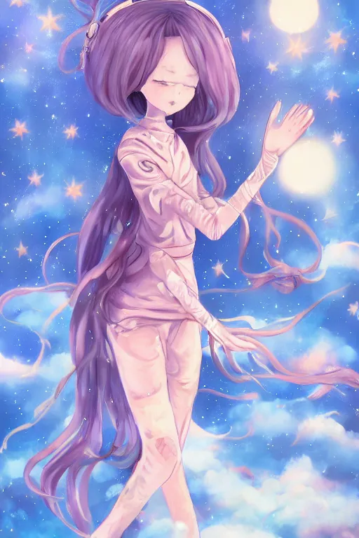 Prompt: anime girl space girl on the moon waving, cute, fantasy, intricate, elegant, highly detailed, digital painting, 4k, HDR, concept art, smooth, sharp focus, illustration, art by Serafleur