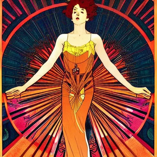 Image similar to flowing theatre red curtains, centered radial design, gold art nouveau graphic elements, painting by mucha, beautiful lighting, anime, studio ghibli, norman rockwell, trending on artstation