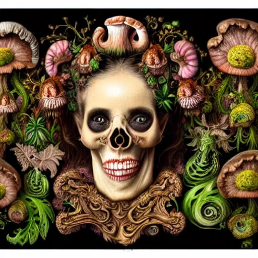 Image similar to a beautiful detailed front view rococo portrait of a rotten woman corpse becoming almost a skull with fractal plants and fractal flowers and mushrooms growing around, intricate, ornate, volumetric light, beautiful lit, polaroid photography, the northman