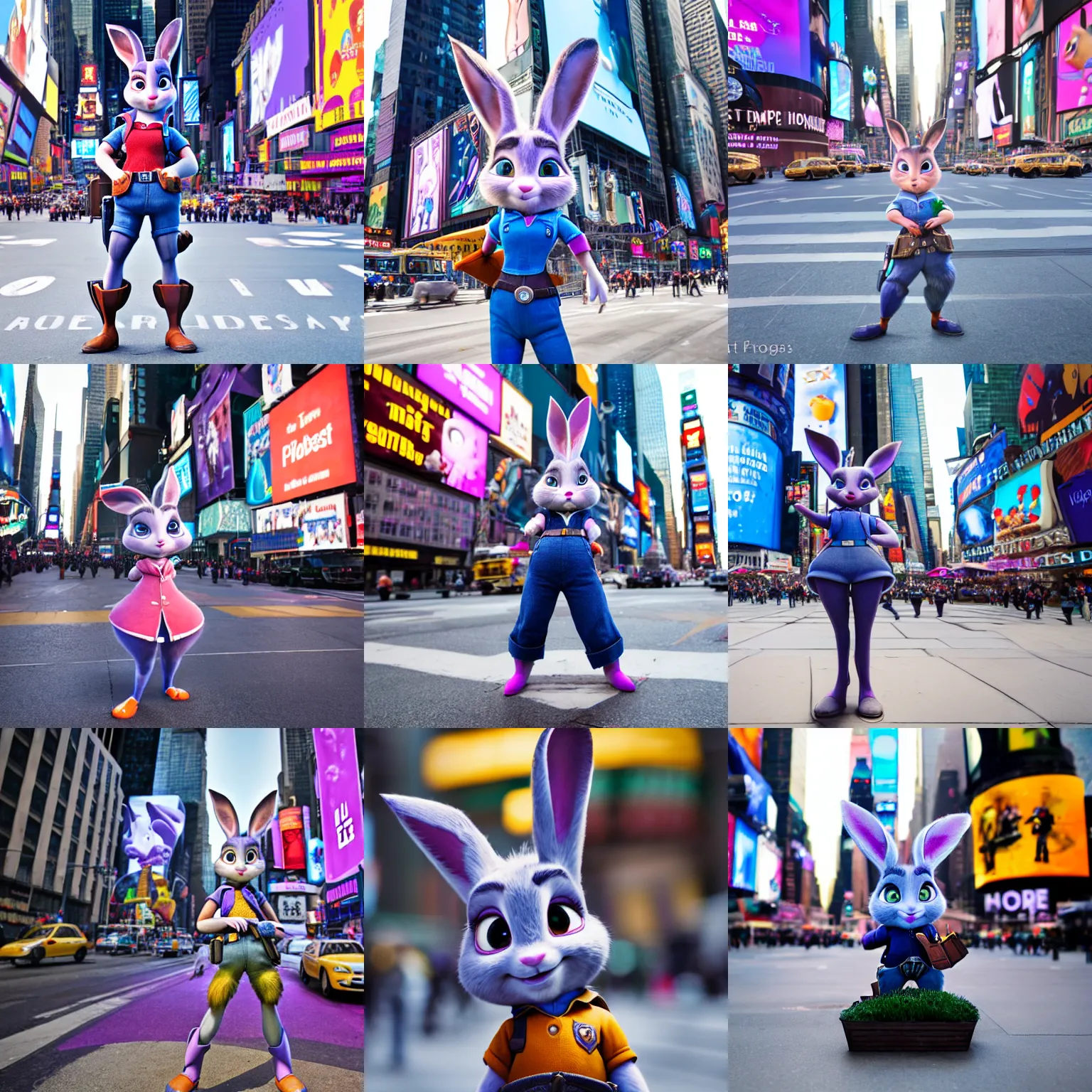 Prompt: portrait of Judy Hopps in Times Square, XF IQ4, 150MP, 50mm, F1.4, ISO 200, 1/160s, natural light
