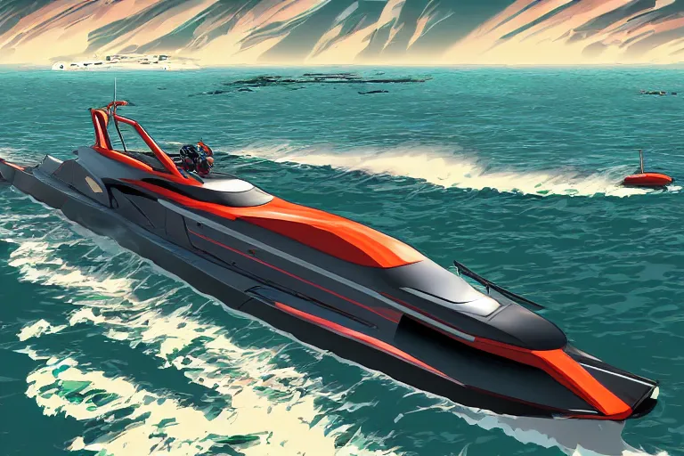 Image similar to Axopar 37 speedboat going full speed in front of shoreline city in anime cyberpunk style by Hayao Miyazaki