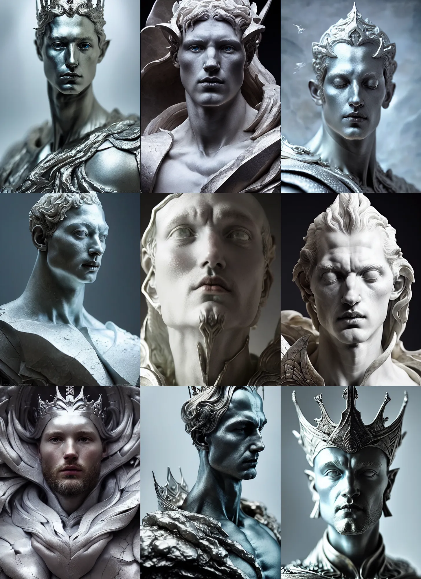 Prompt: beautiful closeup portrait of a ethereal male with a silver throne, marble sculpture by greg rutkowski, josan gonzalez, rodin, michelangelo, cinematography by christopher nolan, imaginative, creative, emotion : madness