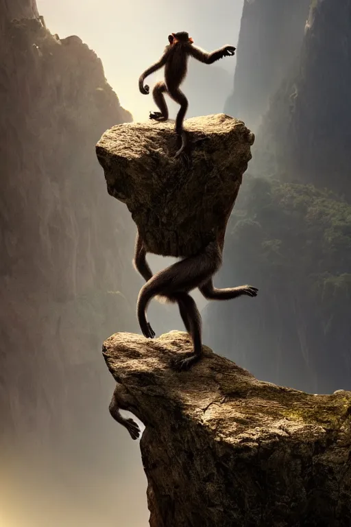 Image similar to a monkey standing at the top of a cliff throwing a bone in the air , dramatic lighting, cinematic, establishing shot, extremly high detail, photorealistic, cinematic lighting, artstation, style by James Gurney