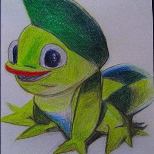 Prompt: a children's drawing of snivy, crayon, paper