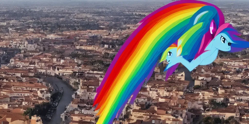 Image similar to rainbow dash flying through the skies of seville