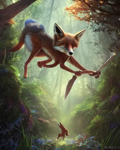 Image similar to Fox, Anthropomorphized, playing lyre in magical forest, portrait, magic the gathering artwork, D&D, fantasy, cinematic lighting, centered, symmetrical, highly detailed, digital painting, artstation, concept art, smooth, sharp focus, illustration, volumetric lighting, epic Composition, 8k, art by Akihiko Yoshida and Greg Rutkowski and Craig Mullins, heroic pose, oil painting, cgsociety