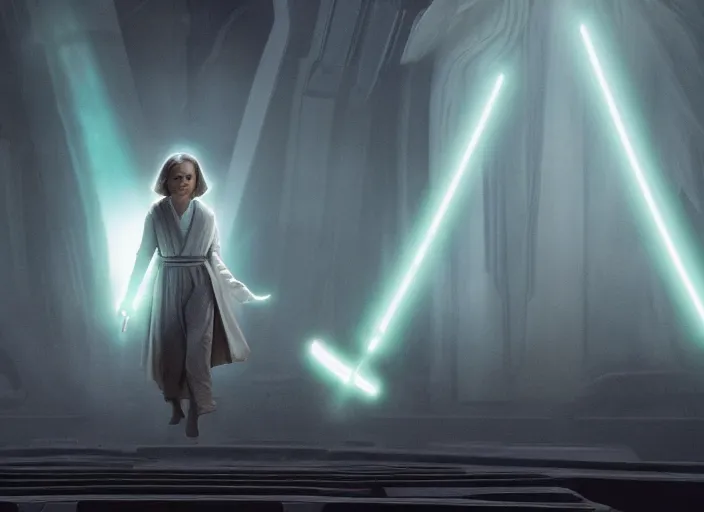 Prompt: film still of millie bobby brown as yoda in star wars movie, green skintone, pointy ears, wearing long white robe in a sith temple, deep focus, glamour pose, dramatic lighting, octane, mist, steve mccurry, volumetric lighting, 8 k