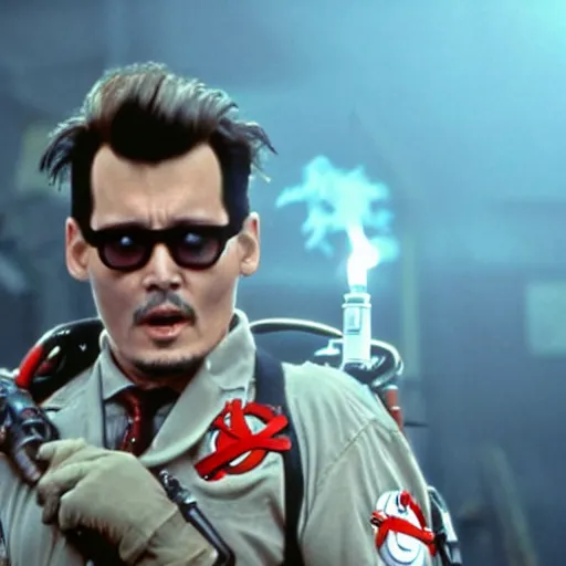 Prompt: stunning awe inspiring johnny depp as a ghostbuster in the movie ghostbusters, movie still 8 k hdr atmospheric lighting