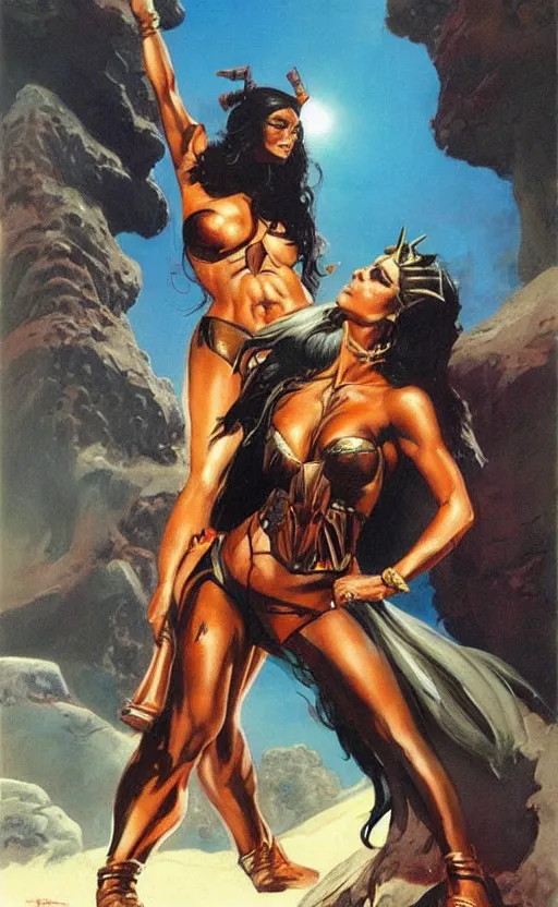 Prompt: princess of mars but with kim kardashian, epic painting by frank frazetta and boris vallejo