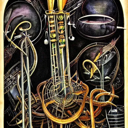 Image similar to a painting of a bunch of alien musical instruments by kinuko craft floating in the water, egyptian art by h. r. ( hans ruedi ) giger, deviantart, gothic art, airbrush art, egyptian art, biomorphic