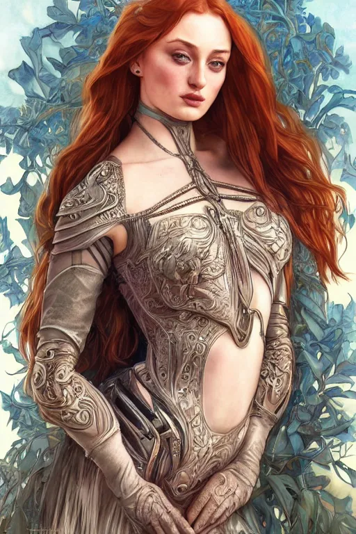 Image similar to sophie turner looking cute, anatomy, cute, fantasy, intricate, elegant, highly detailed, digital painting, 4 k, hdr, concept art, smooth, sharp focus, illustration, art by artgerm and h r giger and alphonse mucha