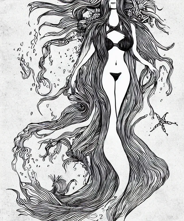 Image similar to black and white illustration, creative design, dark fantasy, fine art, beautiful mermaid, full body, swimming in ocean, fish tail bikini top flowing hair