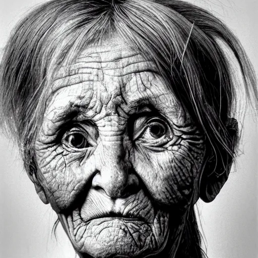 Prompt: portrait of scarry old granny, photorealism, village 1976, bw, high detailed, horror