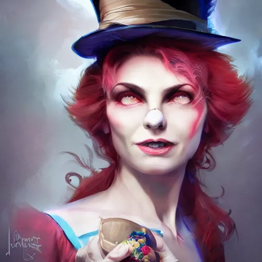 Image similar to realistic, full body portrait, attractive crazy female mad hatter, by Jordan Grimmer and greg rutkowski, crisp lines and color,