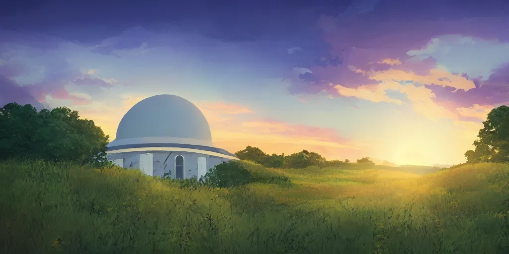 Image similar to round white dome on a hillside, by a river and fields, dreamy, sunset, volumetric lighting, Studio Ghibli