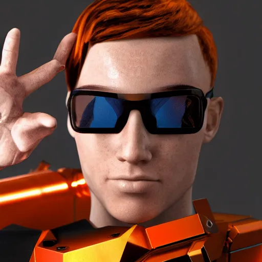 Image similar to linus tech tips super rtx god mech final form ridgewallet cylon eye epic dynamic pose 4 k deviantart artstation 3 d octane render blender with sebastian linus's face