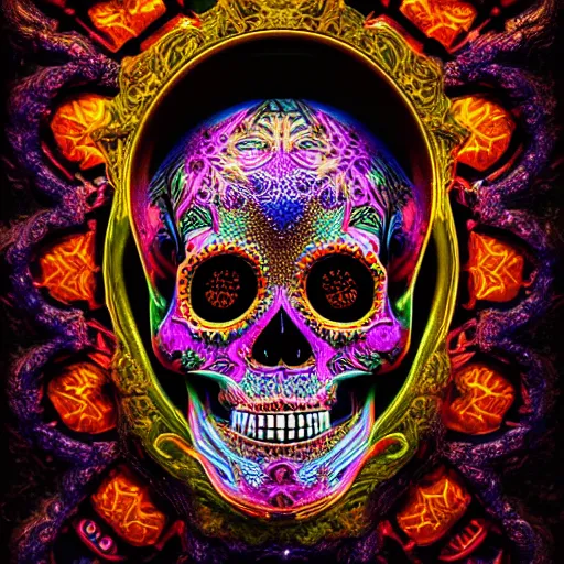 Image similar to a highly detailed photographic render of intricately carved sugar skull, psychedelic, black background, neon light, intricate ornament, gilding, horror, dark fantasy, beautifully lit, ray traced, octane 3D render in the style of Gerald Brom and James Gurney