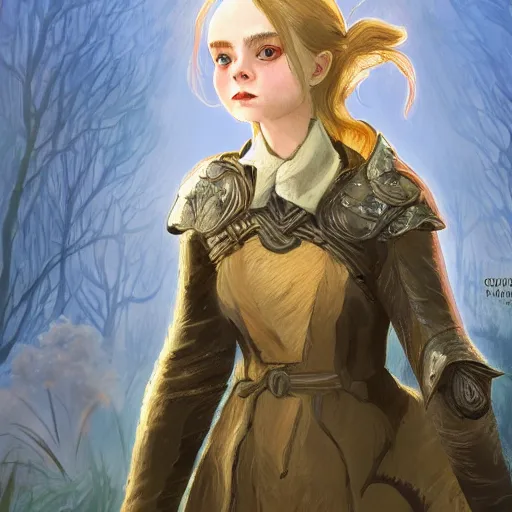 Prompt: Elle Fanning in the painted world of Dark Souls, head and shoulders masterpiece, apocalypse, golden hour, cosmic horror, artstation, in the style of Beatrix Potter, extremely detailed