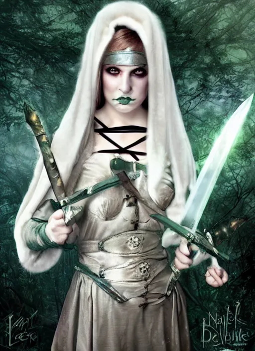 Image similar to medieval female warrior, green eyes, dark forbidden forest, wolves, white cat, in the style of Lecouffe-Deharme and Natalie Shau