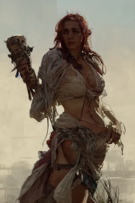 Image similar to a full body portrait of a beautiful post apocalyptic offworld harbor district bedouin blind pulp fiction scarlet wild rogue barbarian leper begging by the roadside, intricate, elegant, highly detailed, digital painting, artstation, concept art, smooth, sharp focus, illustration, art by krenz cushart and artem demura and alphonse mucha