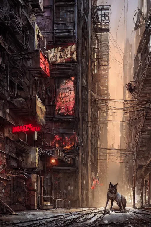 Prompt: a highly detailed matte painting of a gang tag of a red wolf with a mohawk graffitied on a brownstone wall in a desolated cyberpunk street, by studio ghibli, makoto shinkai, by artgerm, by wlop, by greg rutkowski, volumetric lighting, octane render, 4 k resolution, trending on artstation, masterpiece